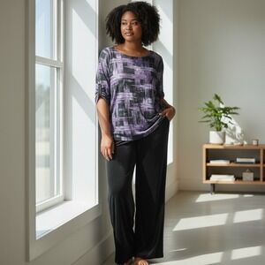 Chico's Travelers Women's M 1 Slinky 2-Piece Set Pull Up Pants Top Purple Black